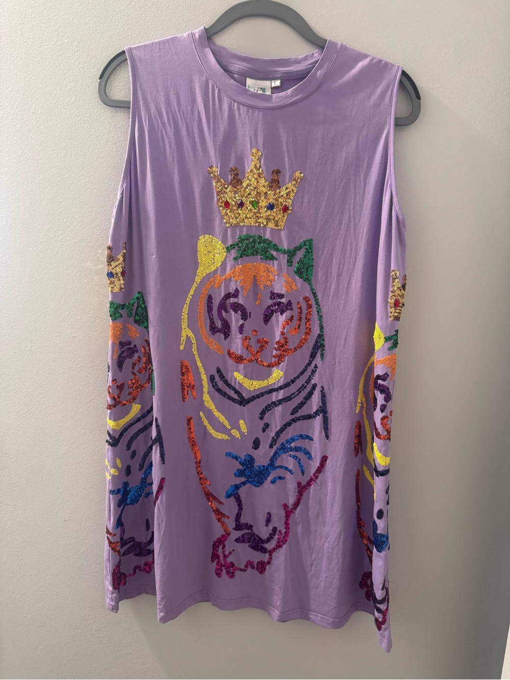 Queen of Sparkles Purple Sequin Tiger Crown Sleeveless Dress Size Large
